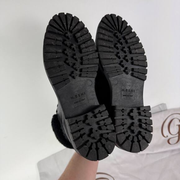 M. Gemi Alpi Combat Boots Women's 8 Black Leather Shearling Fur Trim Lace Up - Picture 8 of 10